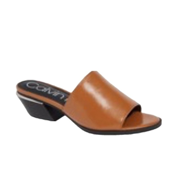Calvin Klein Woman’s Narissa Slide Heel Sandals Brown Leather Mules Size 8.5 - Picture 1 of 10